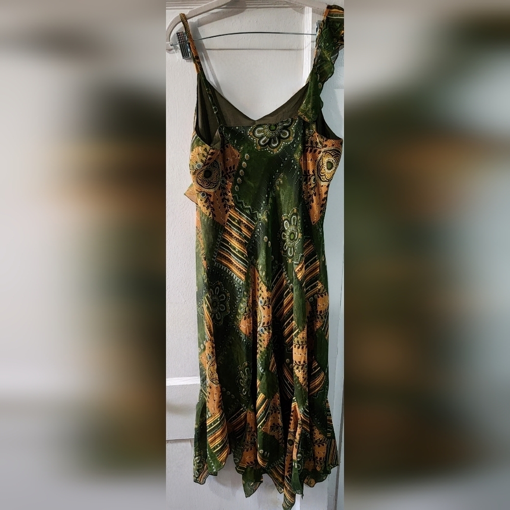 Olive Green & Orange Patchwork Asymmetrical Ruffle Dress - Picture 3 of 4